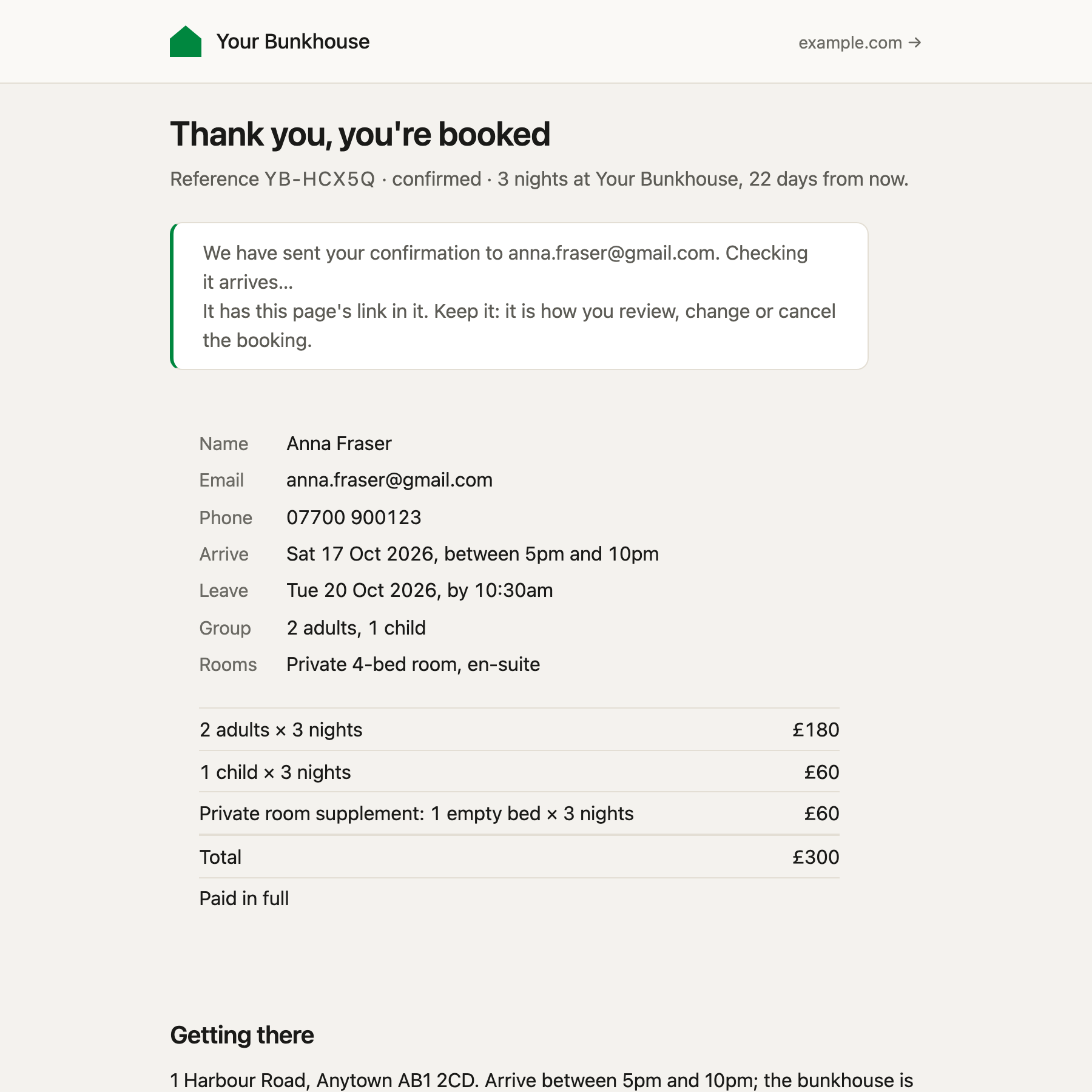 The booked page: a reference, the stay and the money, and a note that the confirmation is on its way.