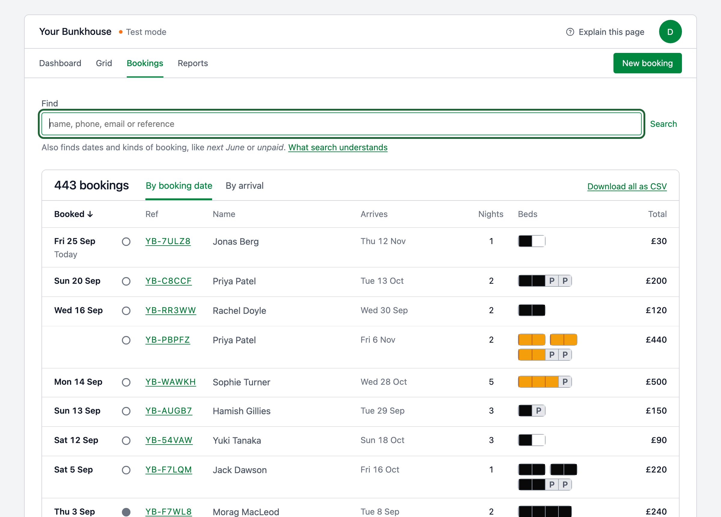 The bookings list with its search box and a row per booking.